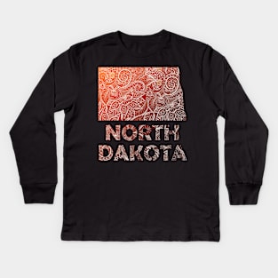 Colorful mandala art map of North Dakota with text in brown and orange Kids Long Sleeve T-Shirt